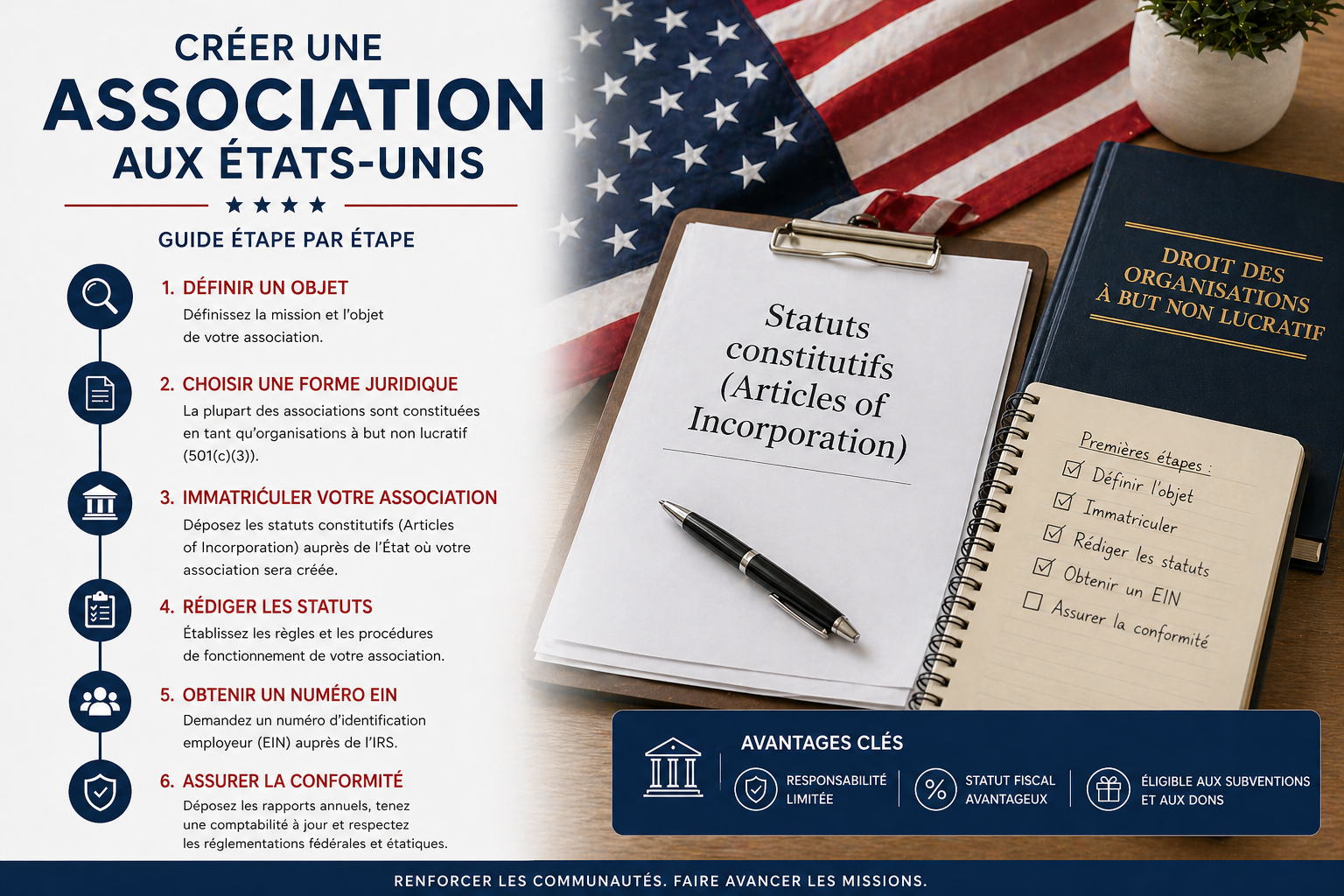 Créer une association aux États-Unis — infographie complète, version française