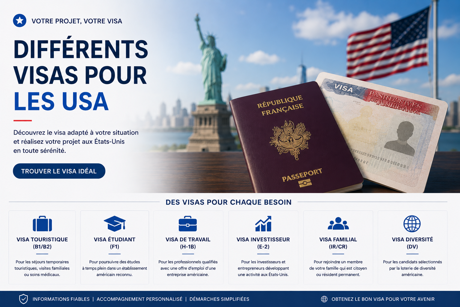 Les divers types de visa pour les États-Unis, illustration France-USA-Net.Com, version française