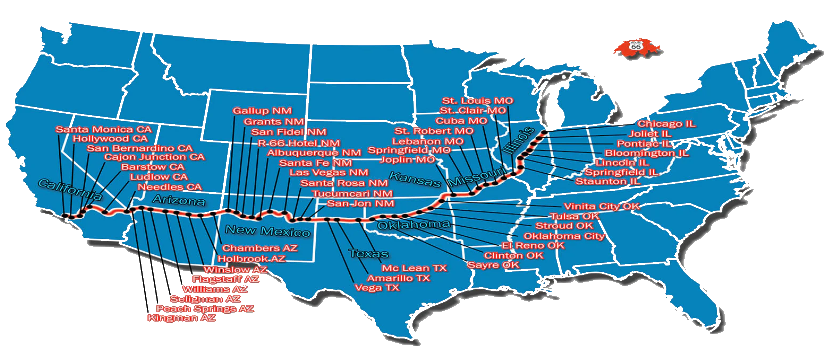 Route 66 map, from Chicago to Santa Monica